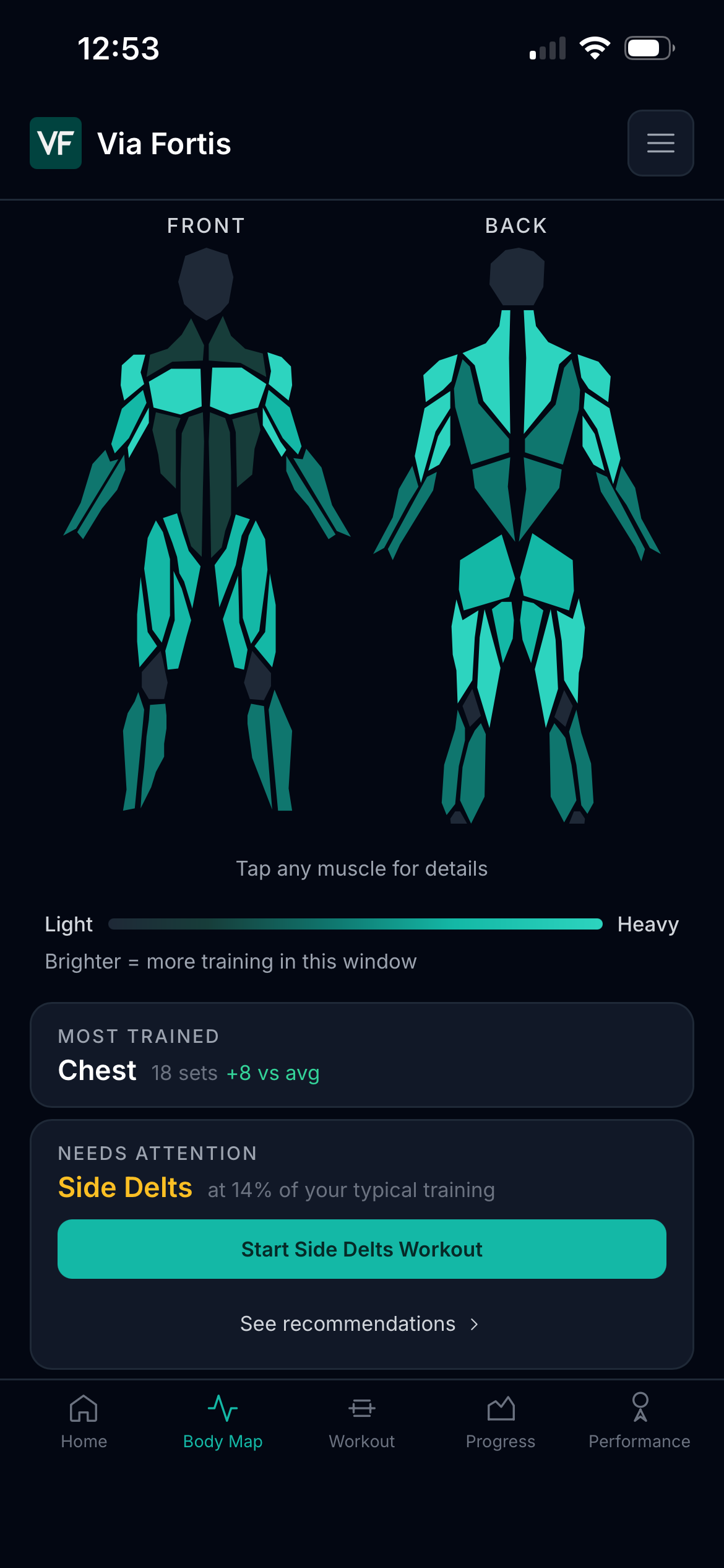 Via Fortis Body Map showing muscle coverage, most trained chest, and side delts needing attention.