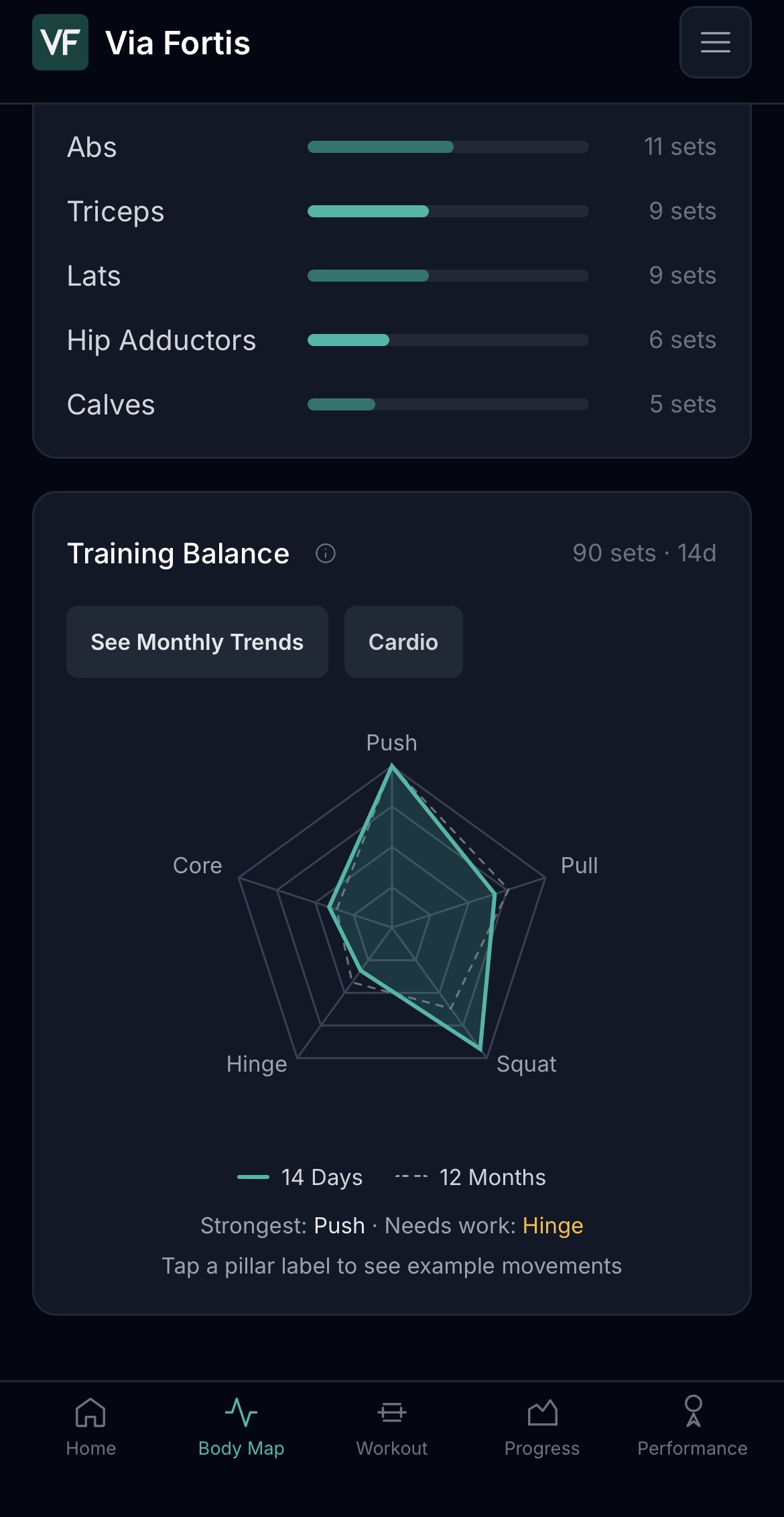 Via Fortis Training Balance radar showing push, pull, squat, hinge, and core balance over fourteen days.